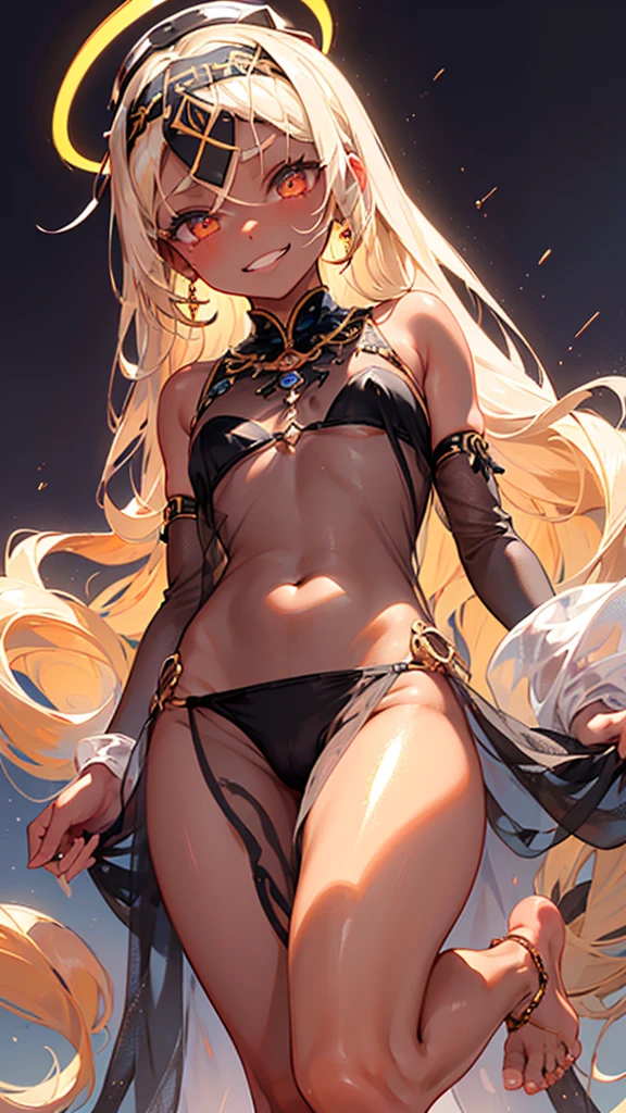 1girl, Angle from below:1.8, The girl bends forward to show off her breasts、legs apart, (Blade), (Tanned shiny black skin:1.6)、Glowing Eyes, ((Sexy evil grin)), ( girl), blondes、Twin tails、forehead、Small breasts, hat, ((((arabian clothes, see-through)), (headband), (Areola Slip), small breasts, (jewelry)))、desert, ((sahara)), ((focus foot))、(手を頭の後ろで組む), (crotch), (foot),((foot)), 足の裏、(しゃがむ), ass
