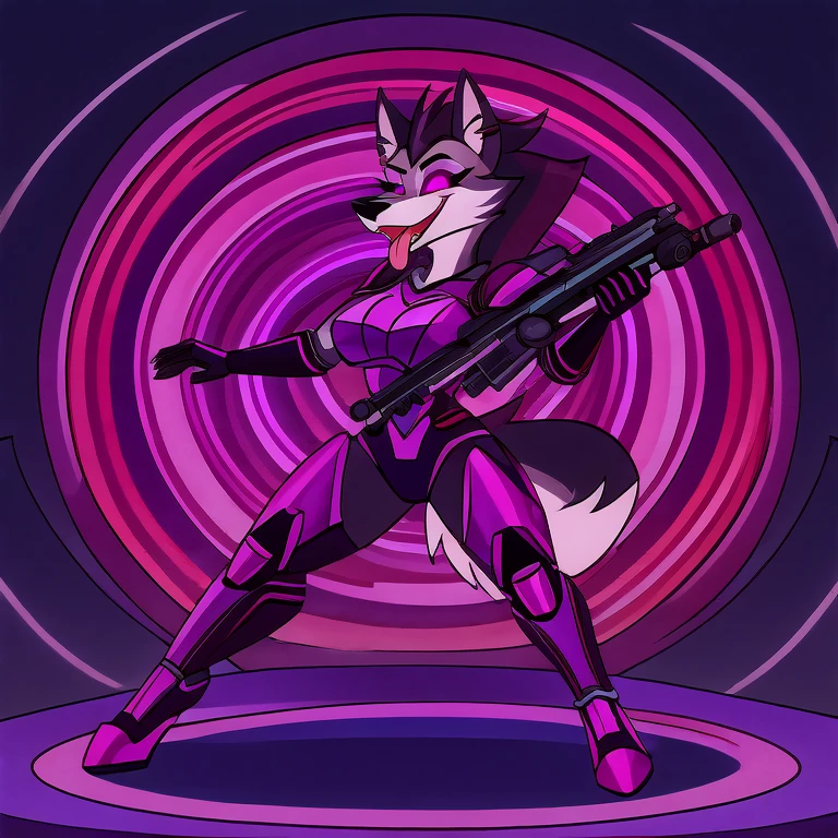 (masterpiece, best quality:1.2), Vortex female hellhound, wolf, furry, helluva boss, hypnotized with glowing purple eyes, tongue out, wearing futuristic armor, using a Pulse Rifle, Energy Rifle, Futuristic assault rifle, dancing ridiculously