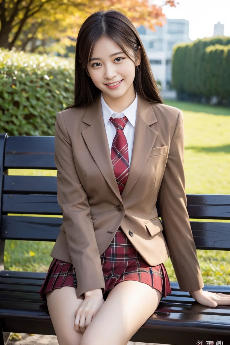 (8K), (highest quality: 1.2), (realistic), (realistic: 1.37), ultra high resolution, 1 girl, cute, (smile:1.2), closed mouth, beautiful details, beautiful nose, black straight silky hair, giant dulcefo, pork, thighs,self snap,University Student Uniform,sunny day,I can see the sea,sit on a bench in the park, (reading a book:1.2), (Simple light brown blazer 1),(dark brown pleated skirt),dark red tie,(The pattern of the skirt and tie is a tartan check pattern...:1.3),ニーハイタイツ