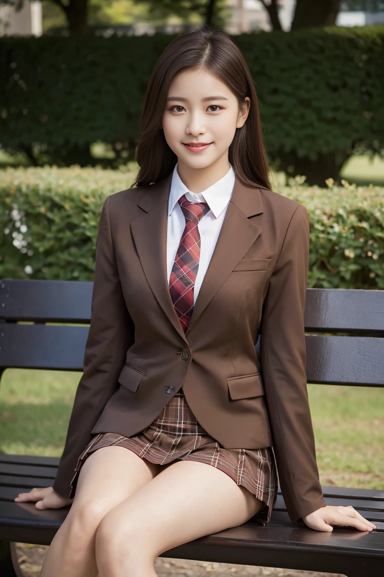 (8K), (highest quality: 1.2), (realistic), (realistic: 1.37), ultra high resolution, 1 girl, cute, (smile:1.2), closed mouth, beautiful details, beautiful nose, black straight silky hair, giant dulcefo, pork, thighs,self snap,University Student Uniform,sunny day,I can see the sea,sit on a bench in the park, (reading a book:1.2), (Simple light brown blazer 1),(dark brown pleated skirt),dark red tie,(The pattern of the skirt and tie is a tartan check pattern...:1.3),ニーハイタイツ