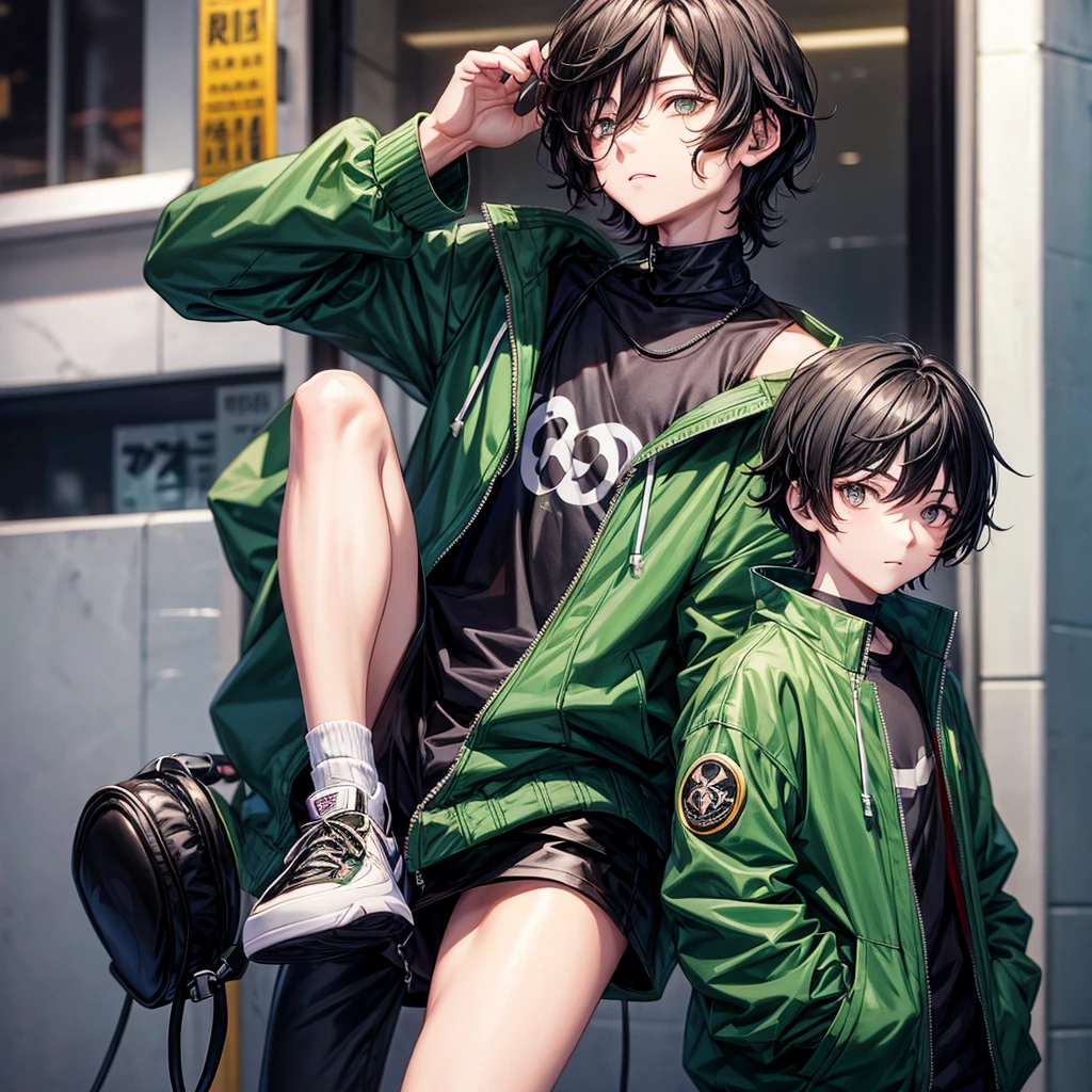 Anime style boy with short shoulder length wavy hair, black almond eyes on the street with a green jacket and black headphones around his neck 