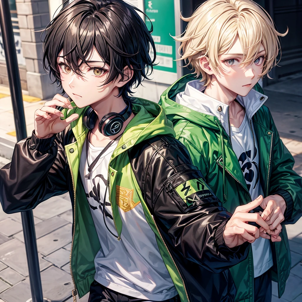 Anime style boy with short shoulder length wavy hair, black almond eyes on the street with a green jacket and black headphones around his neck 