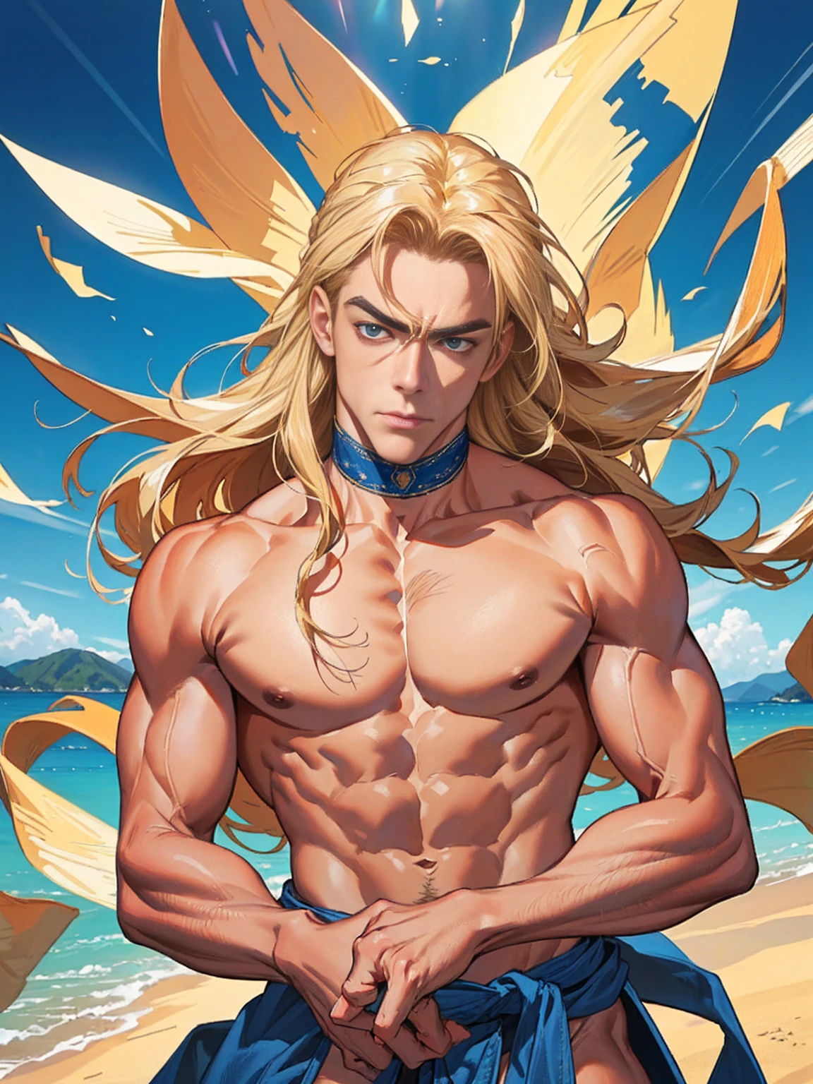 Highest quality, masterpiece, Ultra-high resolution,Detailed Background,alone,Chris Hemsworth,Blonde,Blue Eyes,Long Hair,(loincloth)