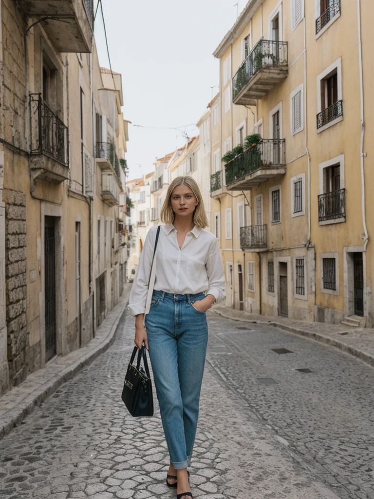 her name is Amelie, high quality, 1girl, ((25-year-old fit Caucasian woman)), ((25 years old)), ((SLIM)), ((French Bob BLONDE HAIR)), pose: standing, wearing Exclusive Fashion-forward Generation-Z modern wear different colored, BACKGROUND:"Lived in the picturesque streets of Lisbon, with its colorful tiles, historic trams, and stunning views from hilltop miradouros."