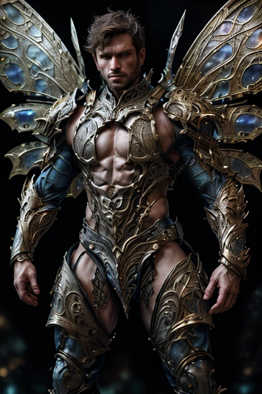 realistic, masterpiece, intricate details, detailed background, depth of field, photo of a handsome (european man), fr4ctal4rmor, wearing fractal barbarian armor, ((dynamic pose)), fighting stance, wings, fantasy background, cinematic composition, sharp focus, harness, pectorals, abs, thighs,