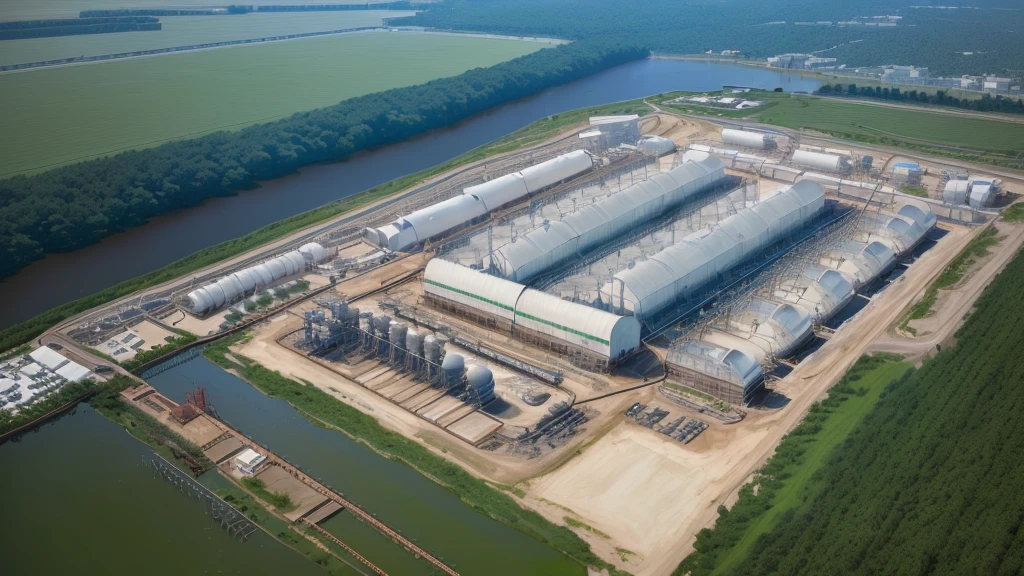 Aerial view of the factory with a large body of water, Add coarse grid room、 Water distribution well 、 Secondary sedimentation tank 、High efficiency sedimentation tank、Disinfection of fire water pool、Blower room、Deodorization system,Add mixing tank