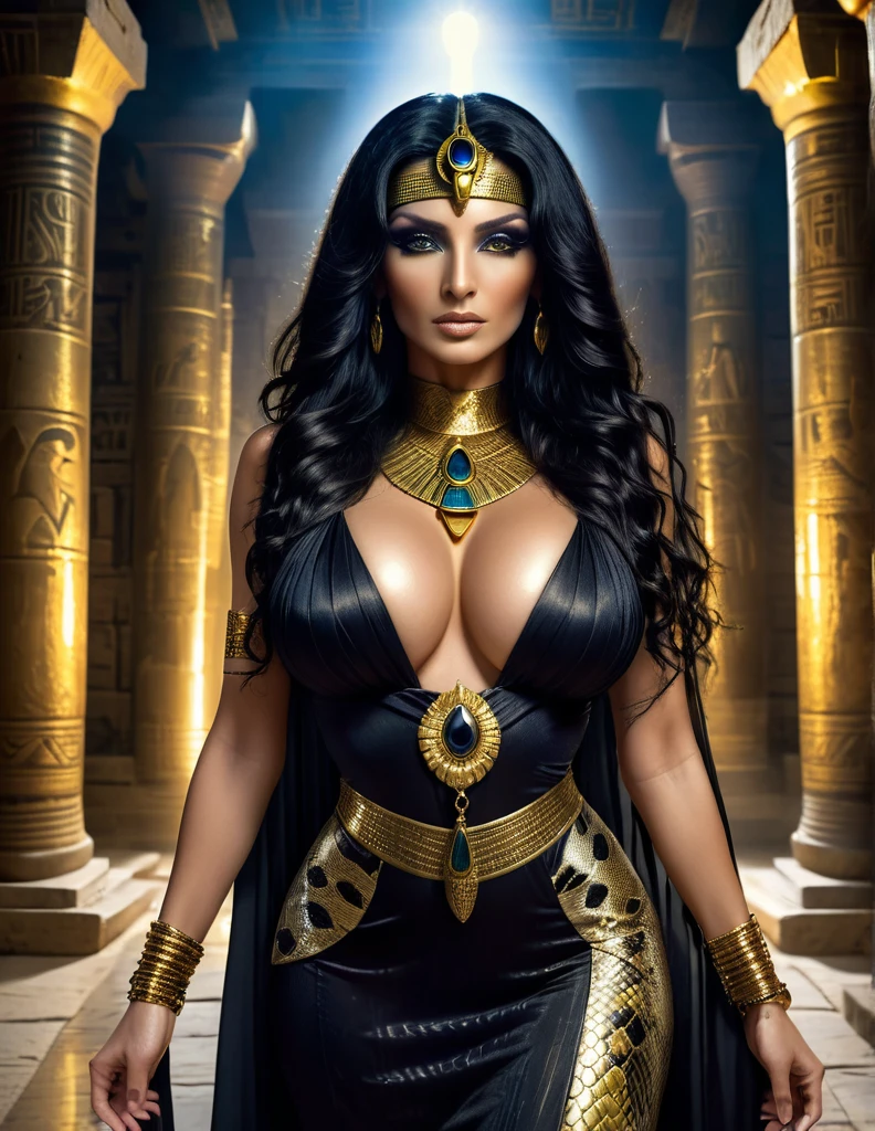 a beautiful mature egyptian goddess with snake skin, long flowing black hair, glowing golden eyes with reptilian pupils, swollen lactating breasts, form-fitting translucent black and gold dress, adorned with ancient egyptian jewelry, standing in a mysterious ancient temple, dramatic gothic dominatrix vibes, intense cinematic lighting, supernatural 8k scene, breathtaking beauty and depth