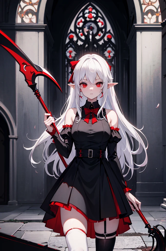 1 Girl Elf, vampire, young, black dress, red right stocking, black left stocking, red eyes, white hair with bow, with a huge scythe, against the backdrop of the red moon, abandoned gothic church, night, looking at viewer, cute pose, 8k, masterpiece, high res, ultrasharp
