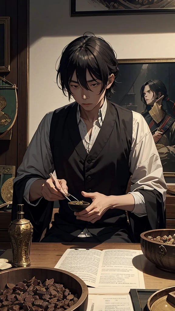 "An image depicting an opium trade scene from the 19th century, including ships and trade negotiations, with Eiichi Shibusawa's portrait subtly integrated, evoking a sense of historical controversy."