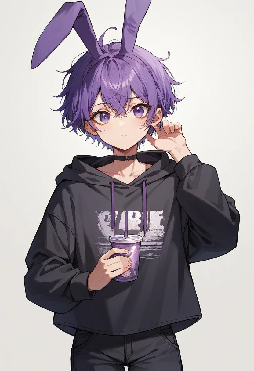 anime girl in black sweatshirt with short purple hair, with big purple bunny ears and purple eyes