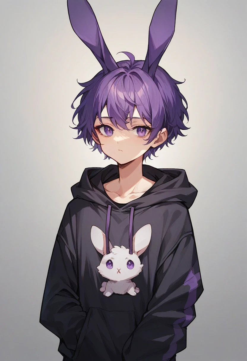 anime girl in black sweatshirt with short purple hair, with big purple bunny ears and purple eyes