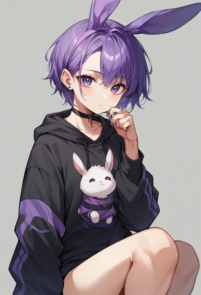anime girl in black sweatshirt with short purple hair, with big purple bunny ears and purple eyes