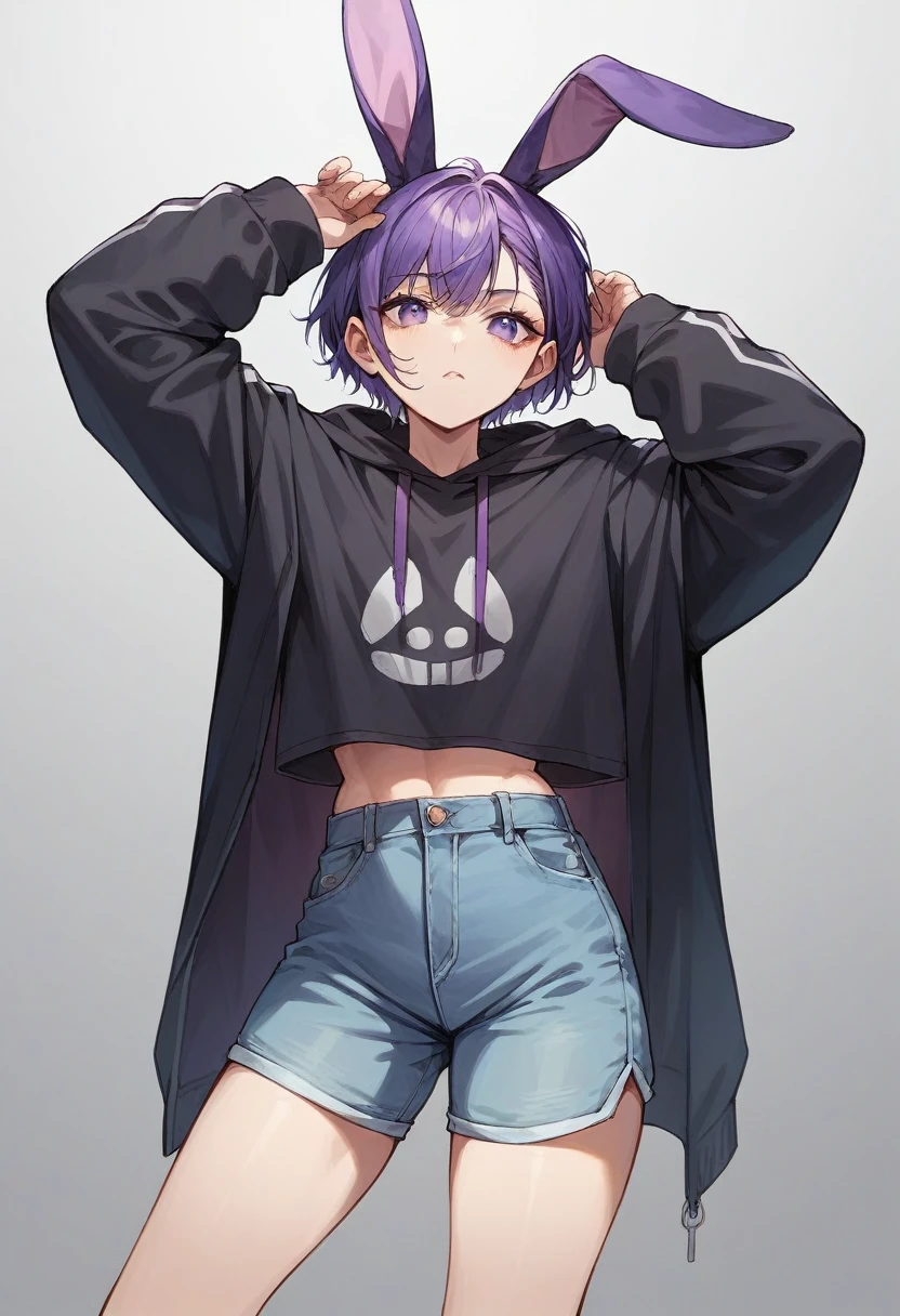 anime girl in black sweatshirt with short purple hair, with big purple bunny ears and purple eyes