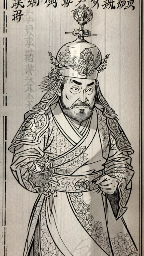 （（（Monochrome））、（（Men in ancient China））、（Ink painting）、Highest quality、masterpiece、Ultra-high resolution、(Realistic:1.4)、Game Poster、Three Kingdoman with a beard,Oriental、Three Kingdoms演義に見られるように々military commander、Crisp and beautiful image quality ,(Metal Armor, metal dragon head on the shoulder, Holding a sword, (Skin of color, ), (Metal Armor with intricate pattern:1.2), gloves, Long trousers, (Very detailed, bloom:1.5), (Highest quality, Concept Art, 4K), (analog:1.2), (high sharpness), (Detailed pupil:1.1),, Detailed face and eyes, masterpiece, Highest quality, (Very detailed:1.1), 8k, photoRealistic, (PurerosFace_v1:0.2), [:(Detailed face:1.2):0.2], sharp, Realistic, Realistic Shadow, 