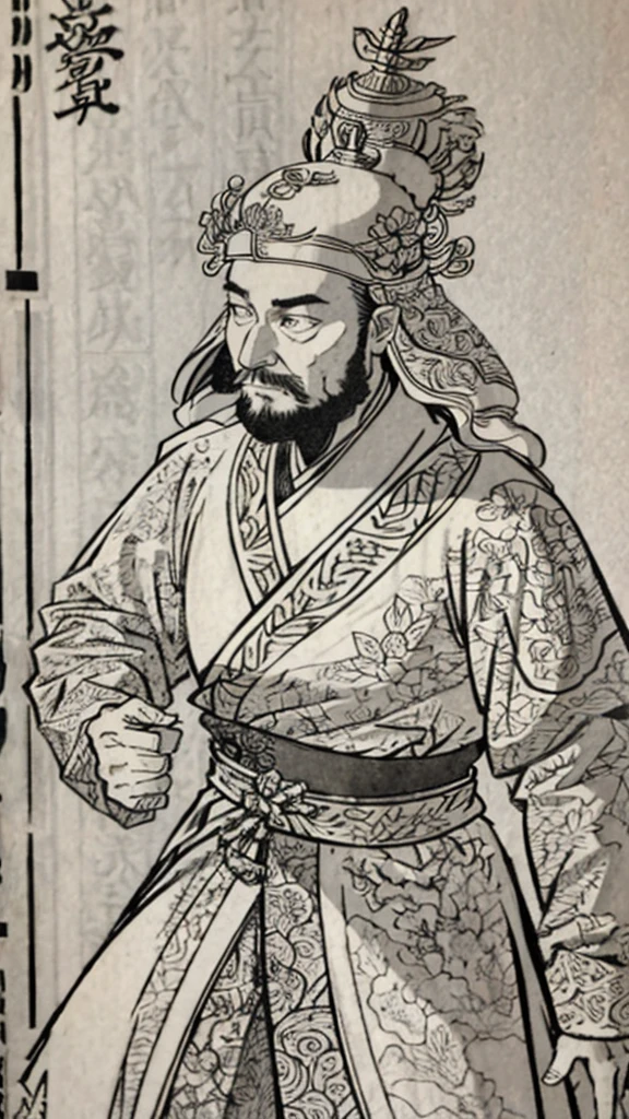 （（（Monochrome））、（（Men in ancient China））、（Ink painting）、Highest quality、masterpiece、Ultra-high resolution、(Realistic:1.4)、Game Poster、Three Kingdoman with a beard,Oriental、Three Kingdoms演義に見られるように々military commander、Crisp and beautiful image quality ,(Metal Armor, metal dragon head on the shoulder, Holding a sword, (Skin of color, ), (Metal Armor with intricate pattern:1.2), gloves, Long trousers, (Very detailed, bloom:1.5), (Highest quality, Concept Art, 4K), (analog:1.2), (high sharpness), (Detailed pupil:1.1),, Detailed face and eyes, masterpiece, Highest quality, (Very detailed:1.1), 8k, photoRealistic, (PurerosFace_v1:0.2), [:(Detailed face:1.2):0.2], sharp, Realistic, Realistic Shadow, 