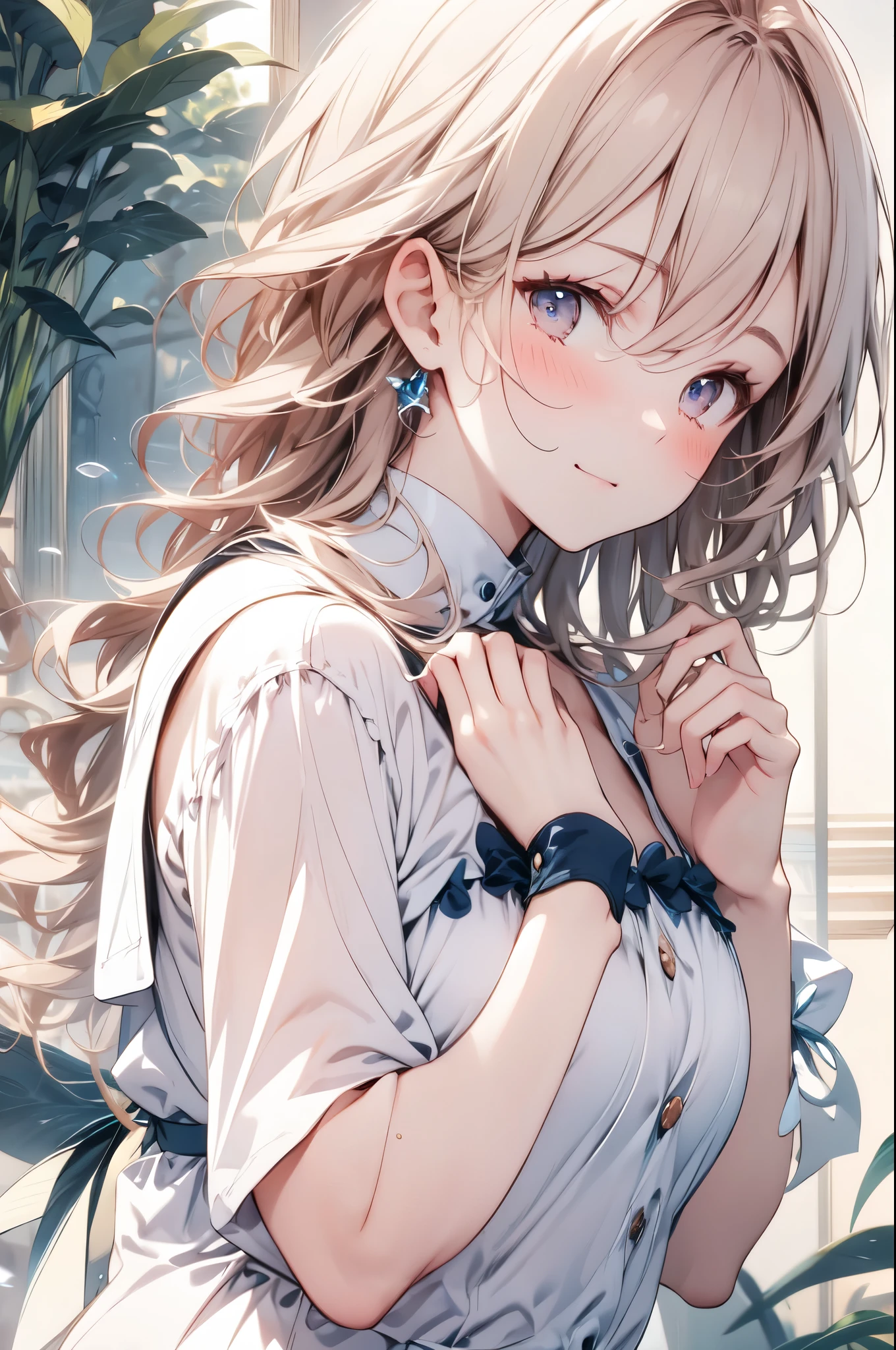 (masterpiece),Highest quality, cute girl leaning on a wall, Embarrassing, blush, Intimate moments, cute, Cropped shirt, Looking down, High Angle, close, BREAK she is Embarrassing, she is blush, She is beautiful, cute imgae
