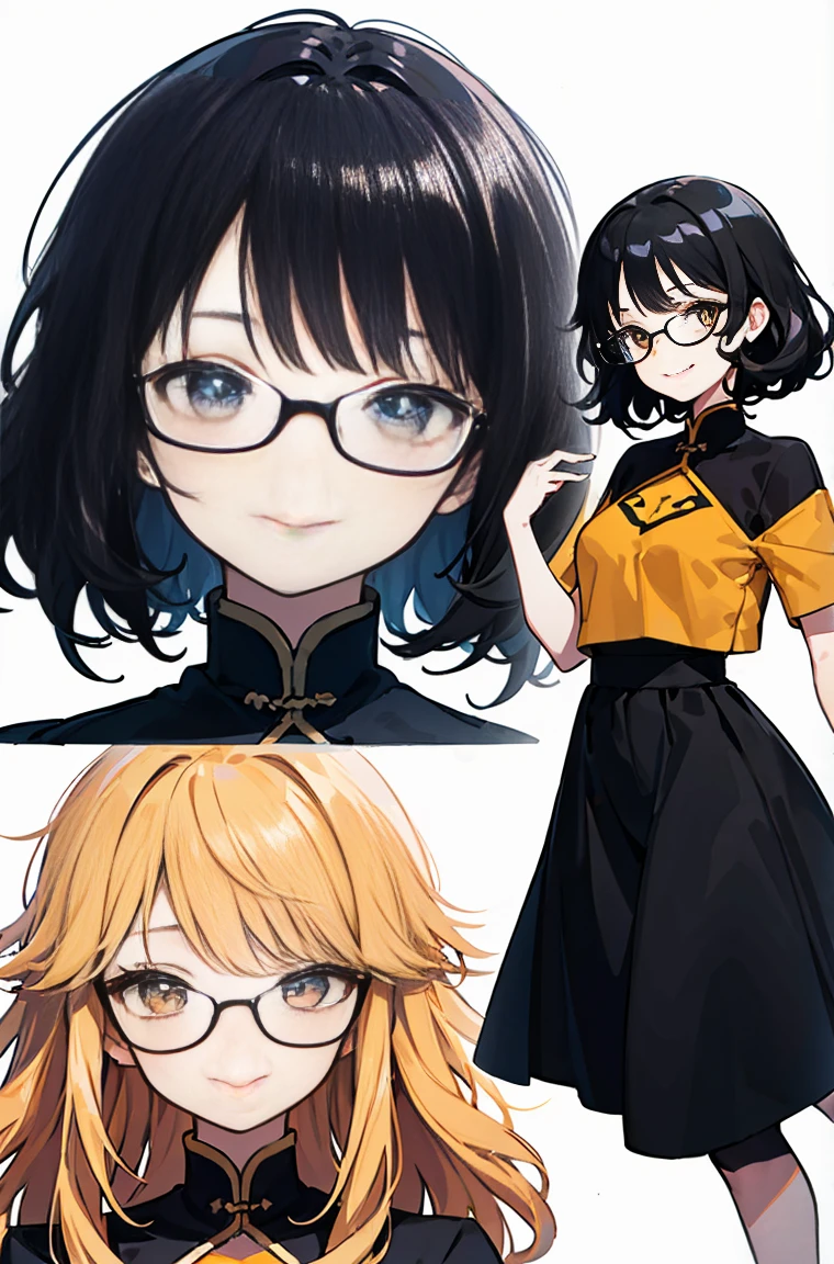 White background，bust，woman，Smirk，A masterpiece，Black hair，curls，Messy hair，Side face，Messy hair，Smile slyly，Orange pupil，Font，poster，jump，，Hair Bunch，Black shallow frame glasses，Dress fashionably，Standing picture，laid back，best quality, Illustration style，Large aperture portrait， Anime Girl, beautiful eyes, summer,, small, Heartwarming, Youthful and beautiful,,Regular Clothes，Black and white,, showing a natural casual style. Dynamic posture contains the golden ratio, China, White space, Strong contrast between light and shadow, Super texture, Super clear and concise pictures, presenting extremely beautiful,subtle facial expressions