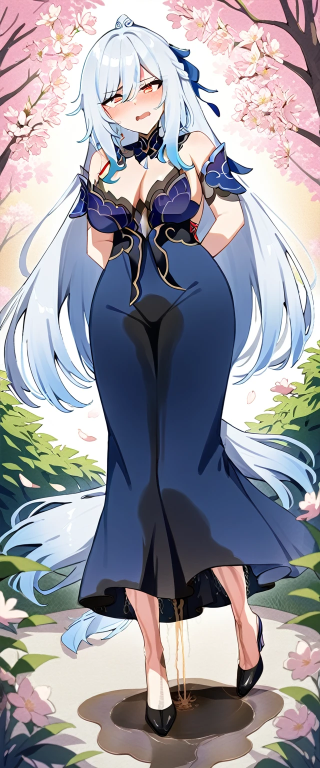 (masterpiece:1.37), best quality, (extremely detailed:1.37), (1girl:1.5), woman, (mature:1.5), (adult:1.5), jingliu, white hair, long hair, ponytail, hair ribbon, red eyes, earrings, jewelry, long dress, )(extremely tight dress:1.5), (extremely detailed eyes:1.37), (wetting self:2.0), desperation, standing, embarrassed, humiliation, blushing, angry, cherry blossoms, garden, (golden hour:1.5), full body