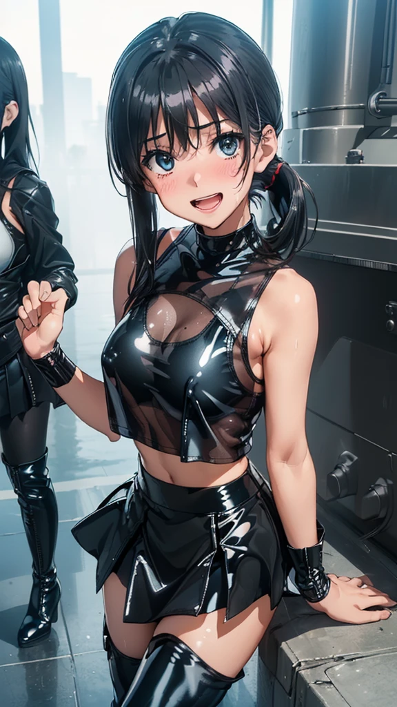 1 female,black hair,25 years old,(((blue shiny micro tight skirt)))((white tank top))(((blush、open mouth smile)),(((straight hair))),(((portrait))),crowd,,(wet with sweat)(sexy black bra and see-through tank top)(leather thigh high boots)((low ponytail))Saten Ruiko