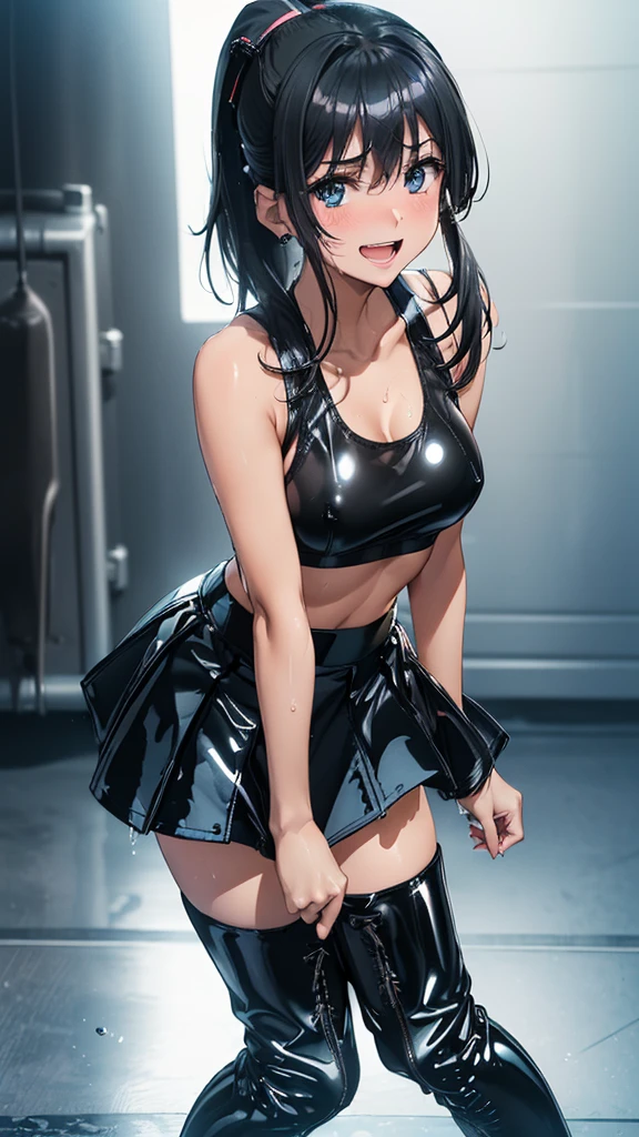 1 female,black hair,25 years old,(((blue shiny micro tight skirt)))((white tank top))(((blush、open mouth smile)),(((straight hair))),(((portrait))),crowd,,(wet with sweat)(sexy black bra and see-through tank top)(leather thigh high boots)((low ponytail))Saten Ruiko