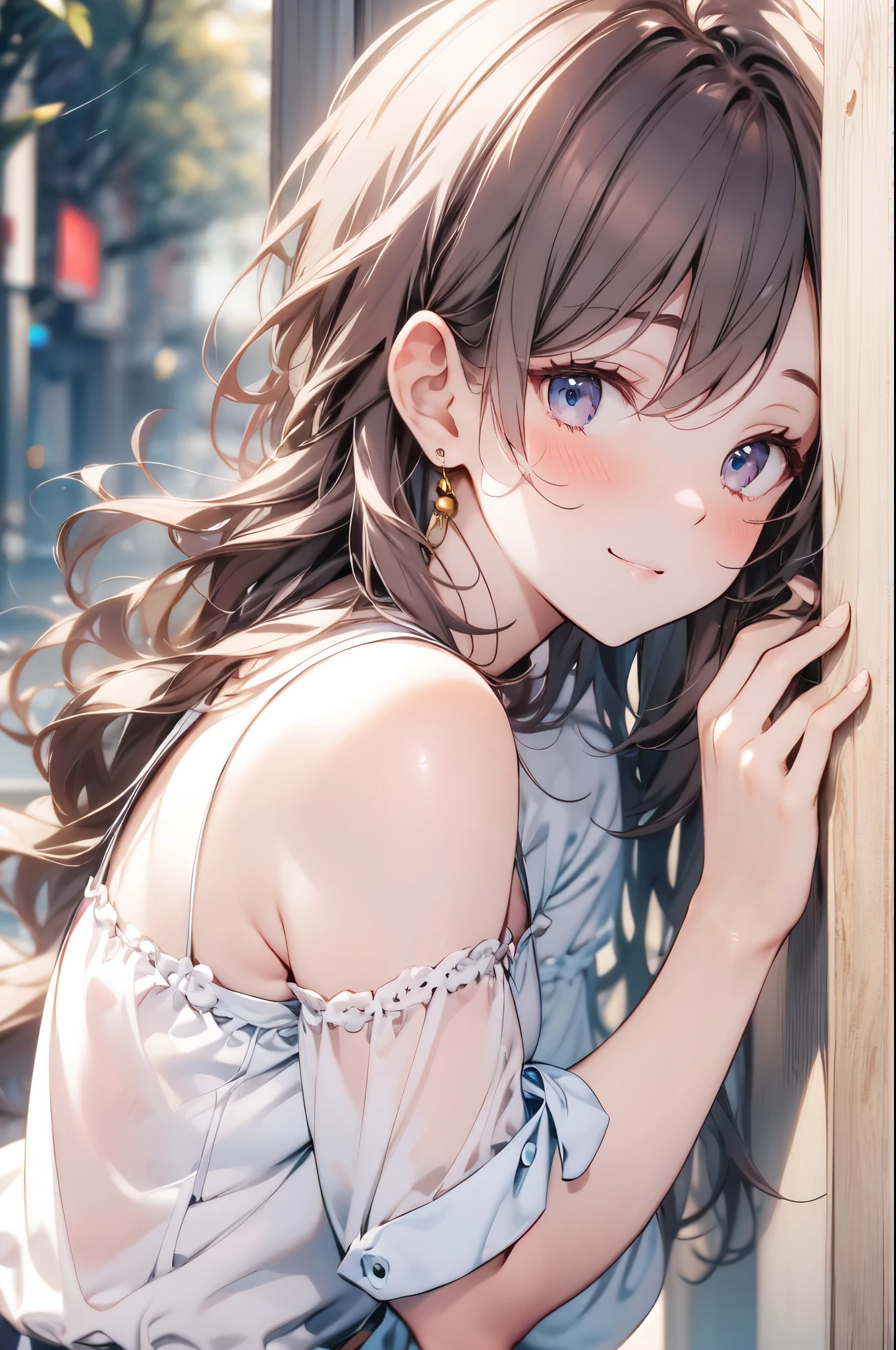 (masterpiece),Highest quality, cute girl leaning on a wall, Embarrassing, blush, Intimate moments, cute, Cropped shirt, Looking down, High Angle, close, BREAK she is Embarrassing, she is blush, She is beautiful, cute imgae
