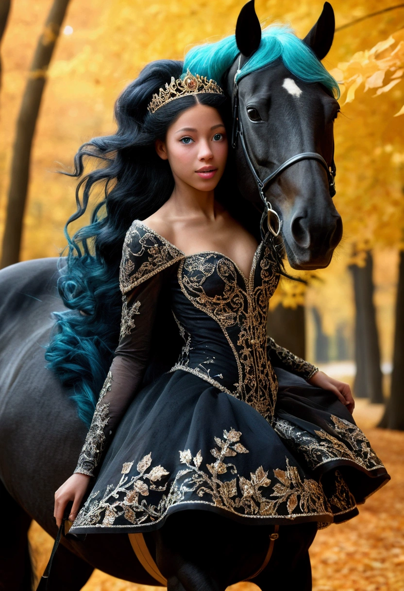 (8K, 16K, Award Winning, Top Quality, High Definition, Super Detailed, Textured Skin, Anatomically Correct, Photorealistic, Live Photography, Mastepiece: 1.3), (In a Dress on a Black Horse Princess: 1.3), black horse running in the forest, autumn leaves, dancing autumn leaves, princess being chased by someone, running away, leaning forward, dignified face, wind expression, path of fallen leaves, face detail, finger detail, princess has half black half pink hair and aqua eyes