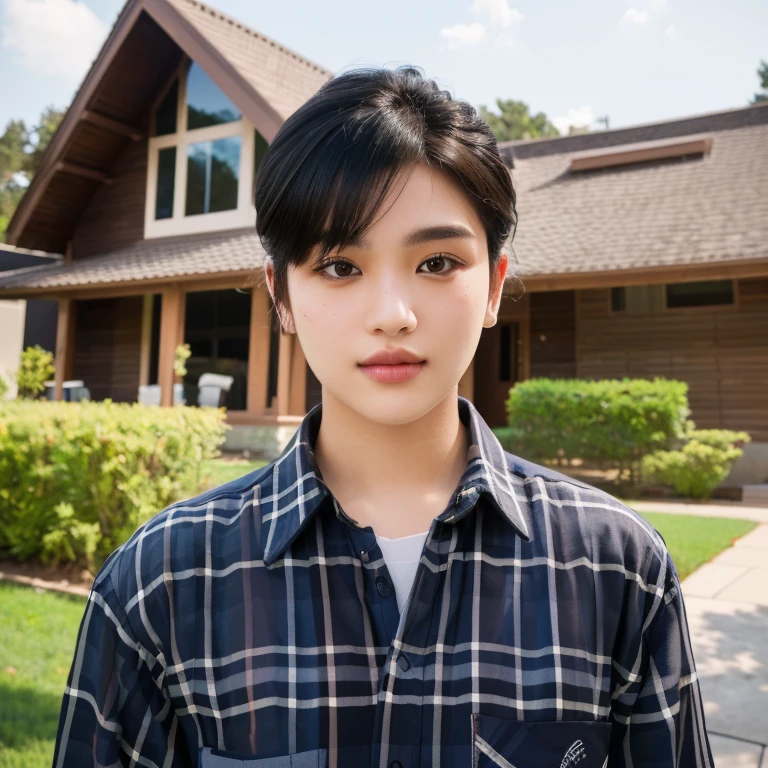 Aaraf wearing a plaid shirt stood in front of the house., Portrait in the middle of a shot, Portrait 8 k, instagram post, Southeast Asians with round faces, Short mohawk hair, Photos in Portrait mode, Medium-term portrait, Shot with Sony Alpha, soft Portrait 8 k, Portrait photography, home photography, Shot with Canon EOS R5, Shot with Canon EOS R5, Headshot profile picture