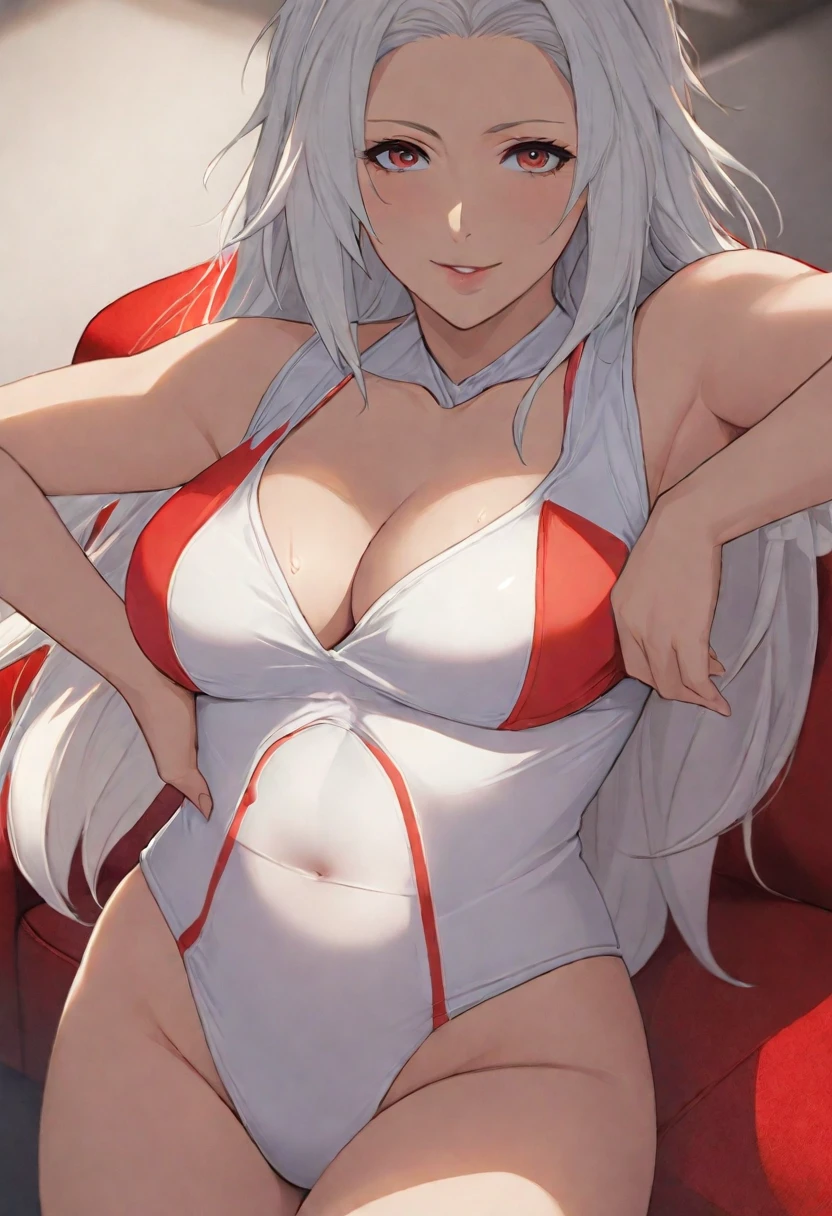 anime girl in red Swimsuit sitting on a blue couch, seductive anime girl, is wearing a Swimsuit, beautiful and seductive anime woman, Swimsuit, blonde anime girl with long hair, I will also make fanart., Extremely detailed artistic germ, fire emblem edelgard, Ann Takamaki from Persona 5, Beautiful anime woman, tifa lockhart with white hair