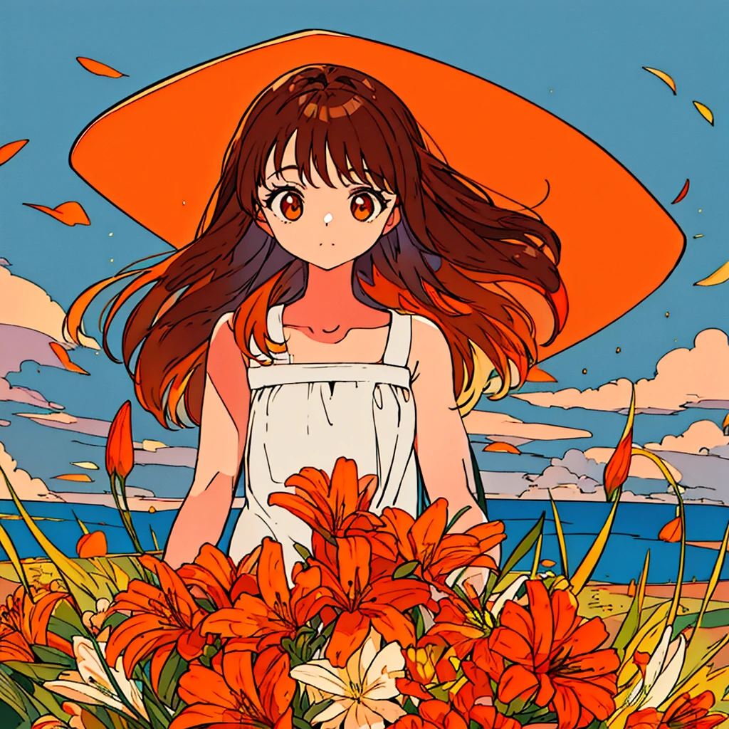 Orange plain background, lily flower, woman in white dress, brown hair, summer, nostalgic, simple