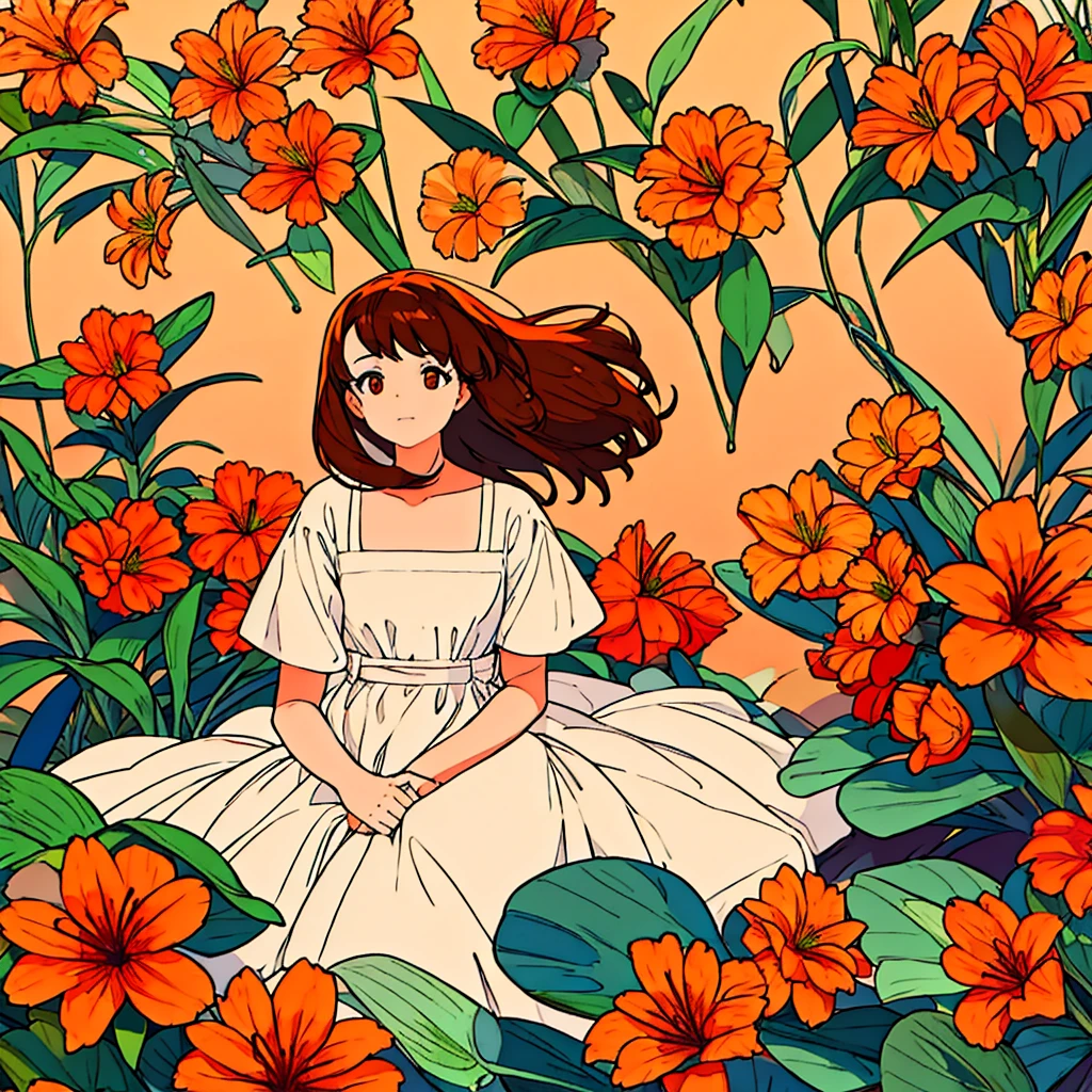 Orange plain background, lily flower, woman in white dress, brown hair, summer, nostalgic, simple