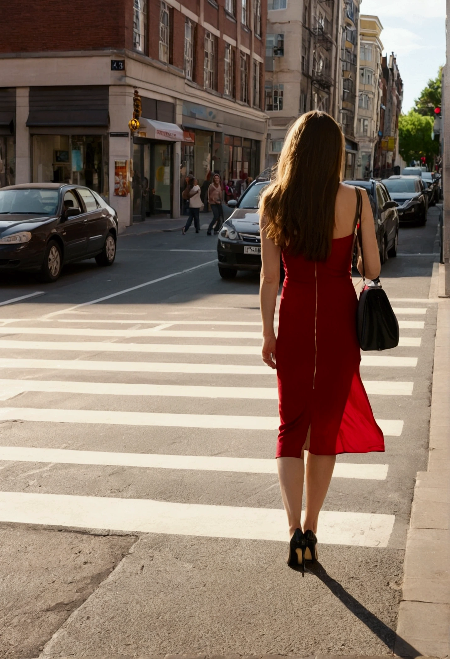 A woman is standing on a busy urban street, front stop. She wears an elegant red dress that reaches to her knees and black high heels that highlight her legs.. Her long, loose hair falls over her shoulders.. Your hands are empty, without carrying any wallet or bag. The woman is clearly facing, Looking forward. The street is full of urban details, like tall buildings, traffic signs and some people walking. The street pavement is visible, with some pedestrian crossing lines and maybe some cars parked in the background. Sunlight illuminates the scene, creating soft shadows on the pavement