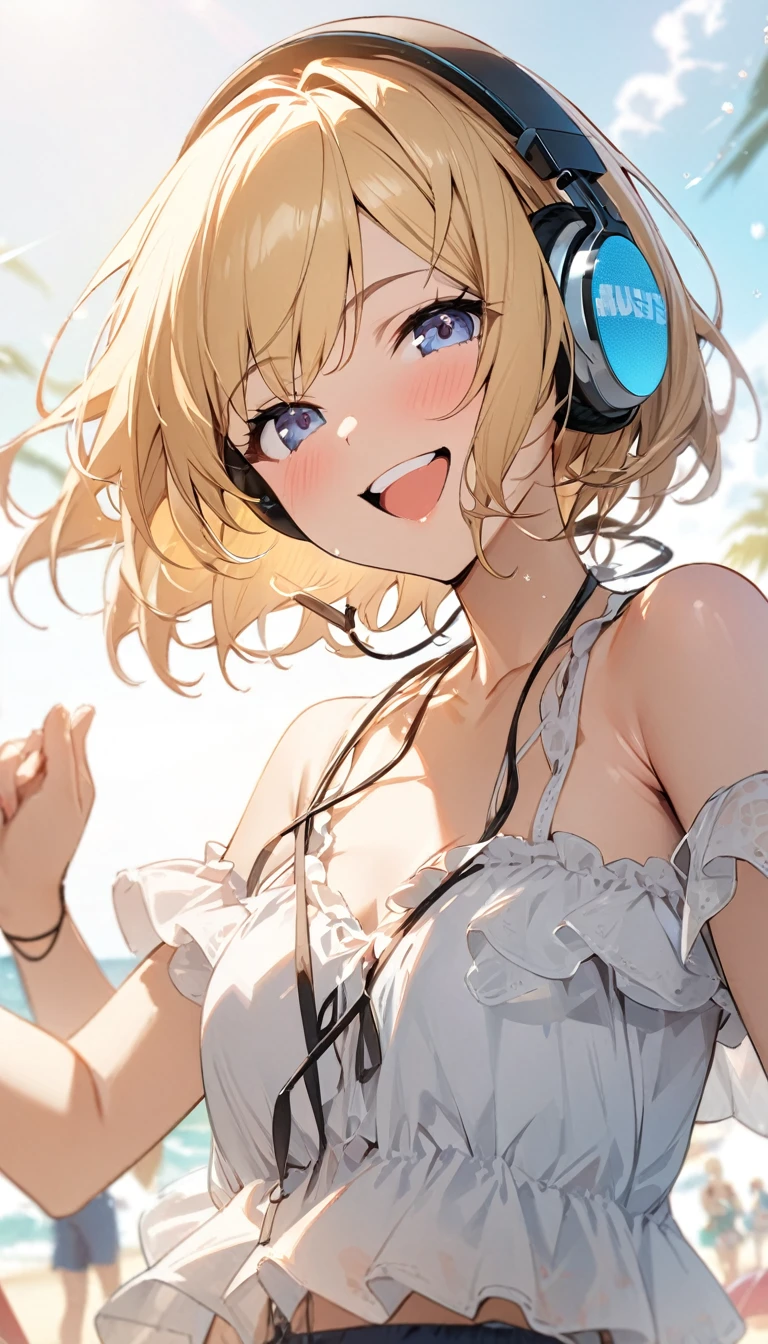 Absurd, (solo:1.5,)Ultra-detailed,Bright colors, Very beautiful and detailed anime faces and eyes, View from the front, ;D, Shiny_skin,Age 25, short hair, , Asymmetrical bangs, Blonde hair in short pigtails, Shiny髪, Delicate beautiful face, blush、(Deep blue eyes:1.4)、Smile、Small Necklace、hair with delicate and complex lines, Fleeting Colors, 2020 Kantoku-style painting, Tessellation, Large Breasts, Cleavage, (View your viewers), (look back), Headphones, Wireless Headphones, Wide Shot, From behind, lingerie, White bra, White panties, indoor
