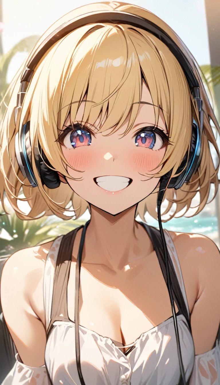 One , ((Sexy Bikini))、(Blonde hair colour,Pink inner color hairstyle), Beautiful Hair, Facial Contour, Remember, Ocean, sunlight、splash, Lens flare,, Natural Color, High resolution, Very delicate, Very detailed, 8k,(There is a swelling in the chest,About B cup)、Shyness,((Sexual)),((Sexy feeling))、Sitting、Top view angle
