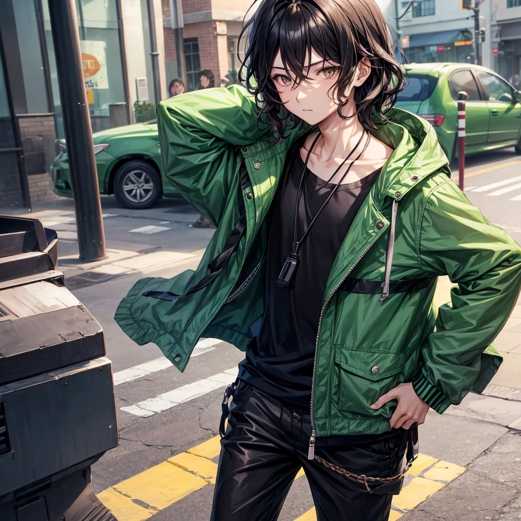 Anime style boy with short shoulder length wavy hair, black almond eyes on the street with a green jacket and black headphones around his neck