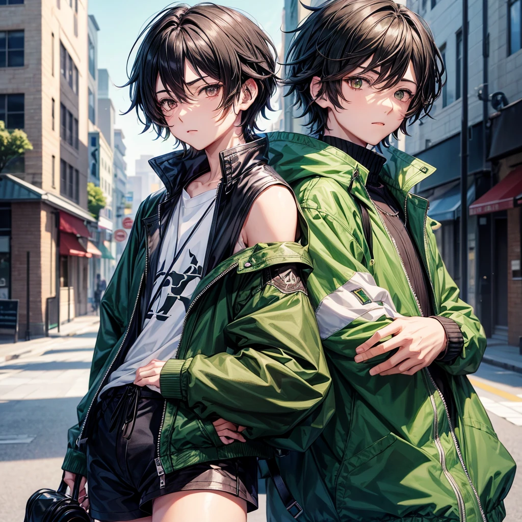 Anime style boy with short shoulder length wavy hair, black almond eyes on the street with a green jacket and black headphones around his neck