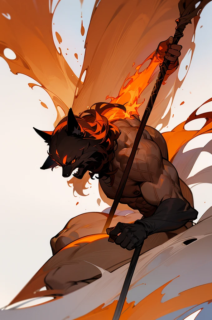 concept, [fire staff], medieval, wood staff, long torch, white background, A fire dancer's staff (umber skin, black skin), with wolf ears, muscle, shirtless, black wavy hair, oriental