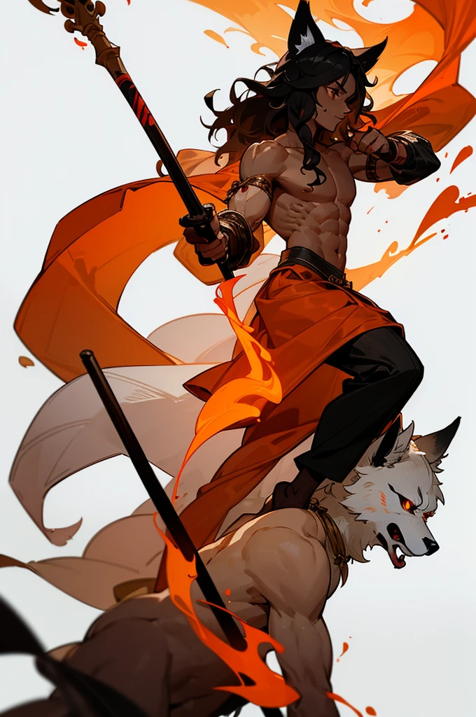 concept, [fire staff], medieval, wood staff, long torch, white background, A fire dancer's staff (umber skin, black skin), with wolf ears, muscle, shirtless, black wavy hair, oriental