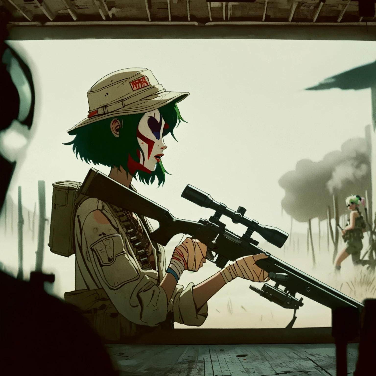 heat, haze, mirage, refraction, hallucination, apparition, unsettling, overwhelming, tank girl, film screengrab, minimal, serene, perfect, strange, candid, cinematic, tank girl with sniper rifle, realism, photographed, timeless, blank canvas, nuanced, clearly cartoon distinct tank girl style aesthetics,