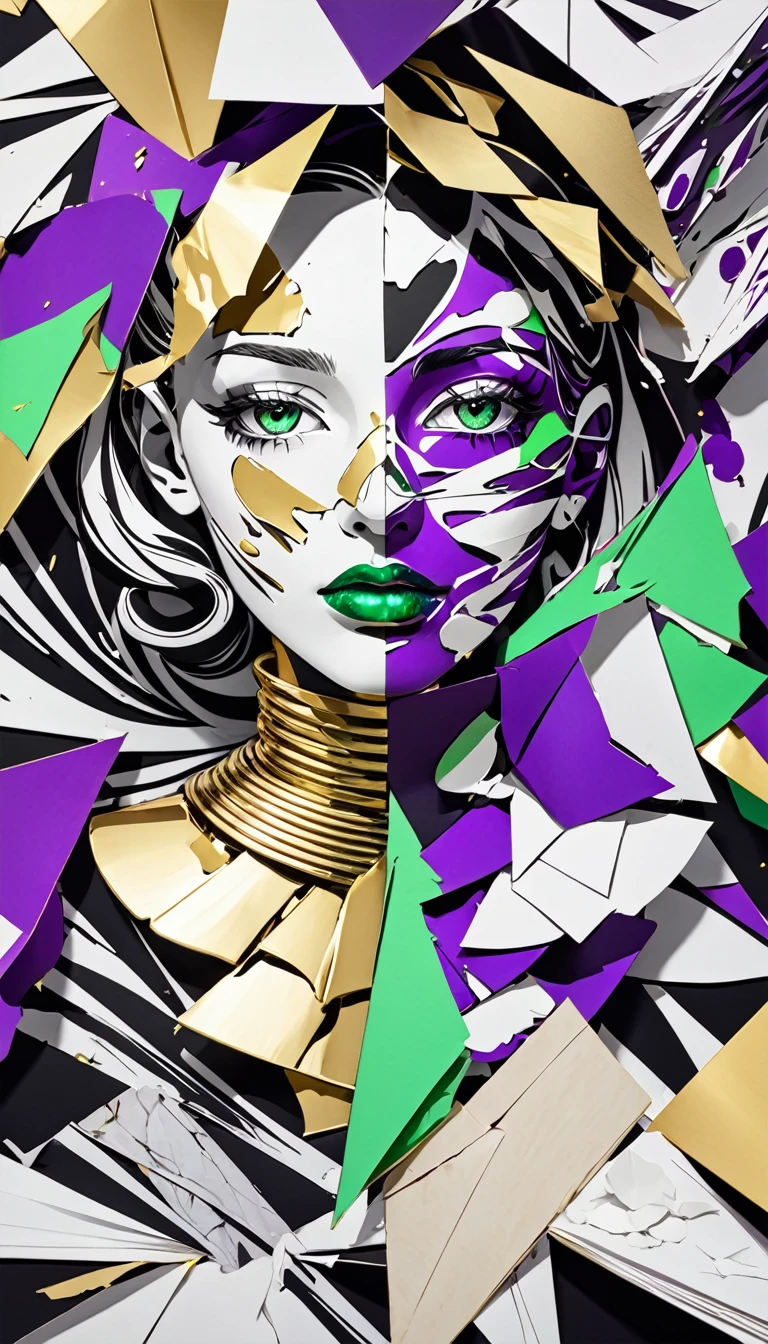 conceptual installation pop art, 2.5D, delicate and dynamic, Picasso-esque abstract drawing style, human body replicas, shredded paper heads, torn and pasted paper faces, purple spotted upper body, gold plated abs, light green marbled or swirled buttocks, black and white monochrome cut-out skin, crushed and tata colored gemstone background, prism effects, artistic effects
