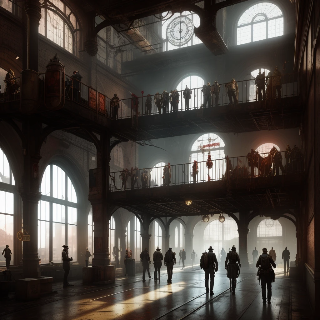 Hyper Realistic old interior station in 1angle shoot, steampunk vibes, fog environment, Fantasy Art, Photorealistic, Dynamic Lighting, Artstation, graffiti on the wall, horror, mystery, Highly Detailed, 4K, Award Winning, bloody
