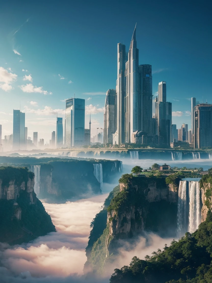 Huge castles and skyscrapers floating in the sky Cyberpunk Isekai Fantasy Top Quality Ultra High Definition Utopia 8K Giant Waterfall Mother Nature
