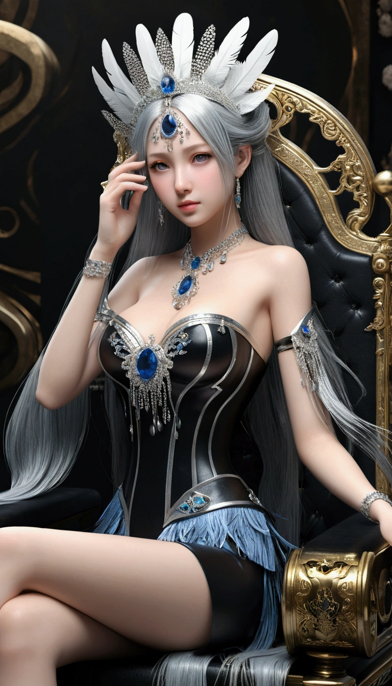 (Highly detailed CG Unity 16k wallpaper:1.1), (Denoising Strength: 1.45), (masterpiece:1.37), (美丽细致的girl), girl, Solitary, Bare shoulders, flat_nffsw, Diamonds and dazzling eyes, Beautiful and delicate cold noodles, Very long blue and silver hair, Flying black feathers, curls, black and white sleeves, Gold and silver tassels, a (Black Hole) 在girl的身后, Silver Triple Crown with Obsidian, (sit) In black ((throne)), (depth) inside (site), illustration, (((On the table))), best quality