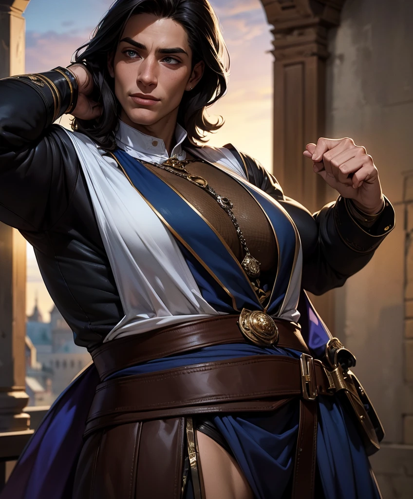 score_9, score_8_up, score_8, (((Single character image.))) (((1boy))) (((Dressed in medieval fantasy attire.))) (((This character is very sexy and dashing.))) Generate a daring, thrilling swashbuckler with a charm and style that is irresistible. This is a character designed for a swashbuckler setting, near an exciting port town inhabited by dangerous thugs and other criminals. He should be dashing, attractive and a charming and daring adventurer. He wears stylish swashbuckler fashion with dark hair, dark features and a muscular build. (((Background of the image is the medieval style port town.))) (masterpiece, top quality, best quality, official art, beautiful and aesthetic:1.2), extreme detailed, colorful, highest detailed, best quality:1.0,hyperealistic:1.0,photorealistic:1.0,madly detailed CG unity 8k wallpaper:1.0,masterpiece:1.3,madly detailed photo:1.2, hyper-realistic lifelike texture:1.4, picture-perfect:1.0,8k, HQ,best quality:1.0,