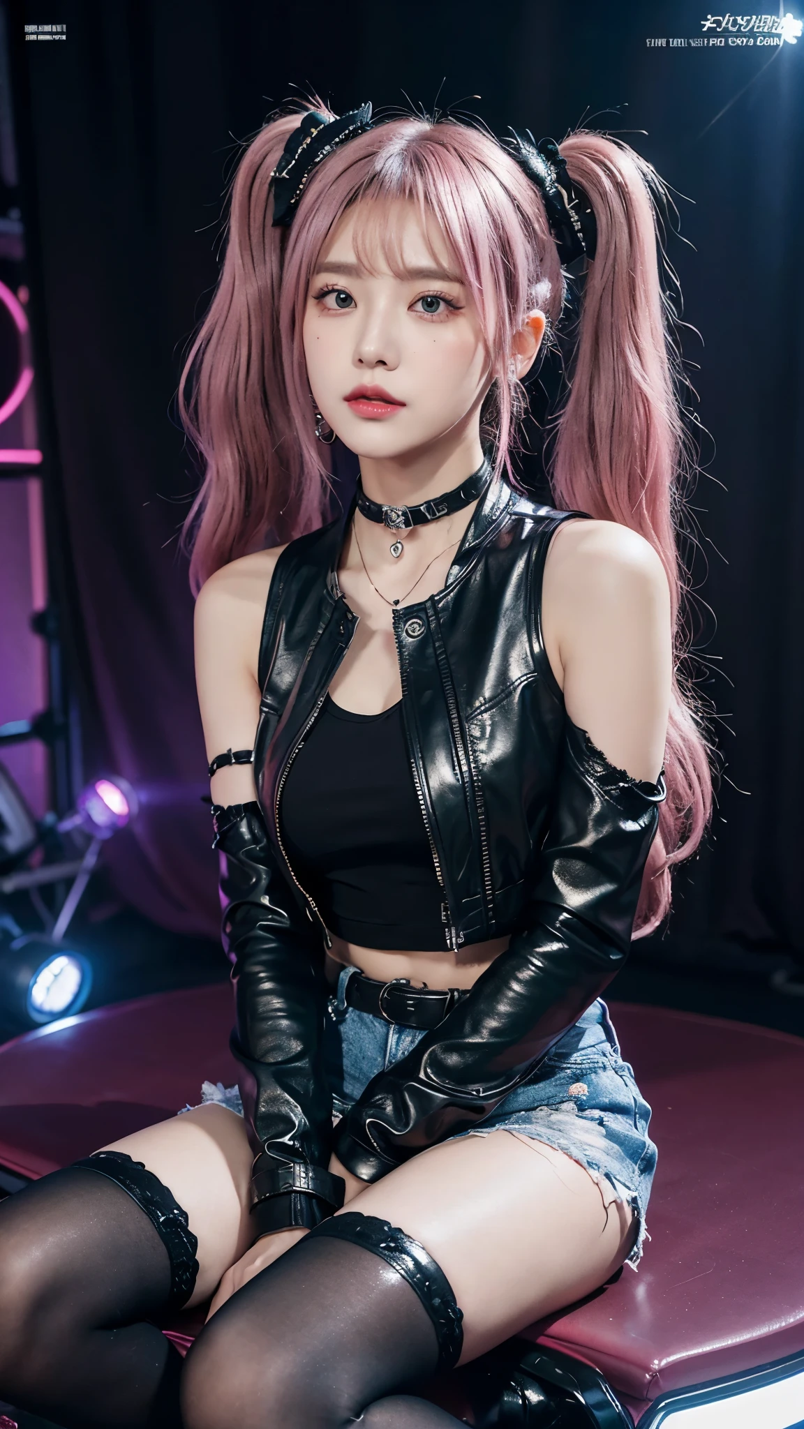zPDXLrl, zPDXLxxx, source_photo, realistic, nsfw, nicole demara, A young Korean-style girl with large, sparkling green eyes and a youthful, innocent face. She has long, vibrant pink hair styled in two side-up ponytails, adorned with a hair ornament, ribbon, and hairclip. A small mole sits delicately under her eye. She wears a black leather choker with a black heart-shaped pendant. Her outfit consists of a revealing crop top under an open, extremely short black jacket with white collar and cuffs, paired with separate black sleeves. She has on black short shorts, mismatched legwear - one black thigh-high sock and one knee-high sock, both torn - and black boots decorated with o-rings. Golden heart-shaped earrings, painted nails, an o-ring belt, and a thigh strap complete her look. Black ribbons accent her torn and damaged clothing. The background hints at a futuristic holographic projection, with neon grid lines and floating data streams, creating a subtle sci-fi atmosphere.
