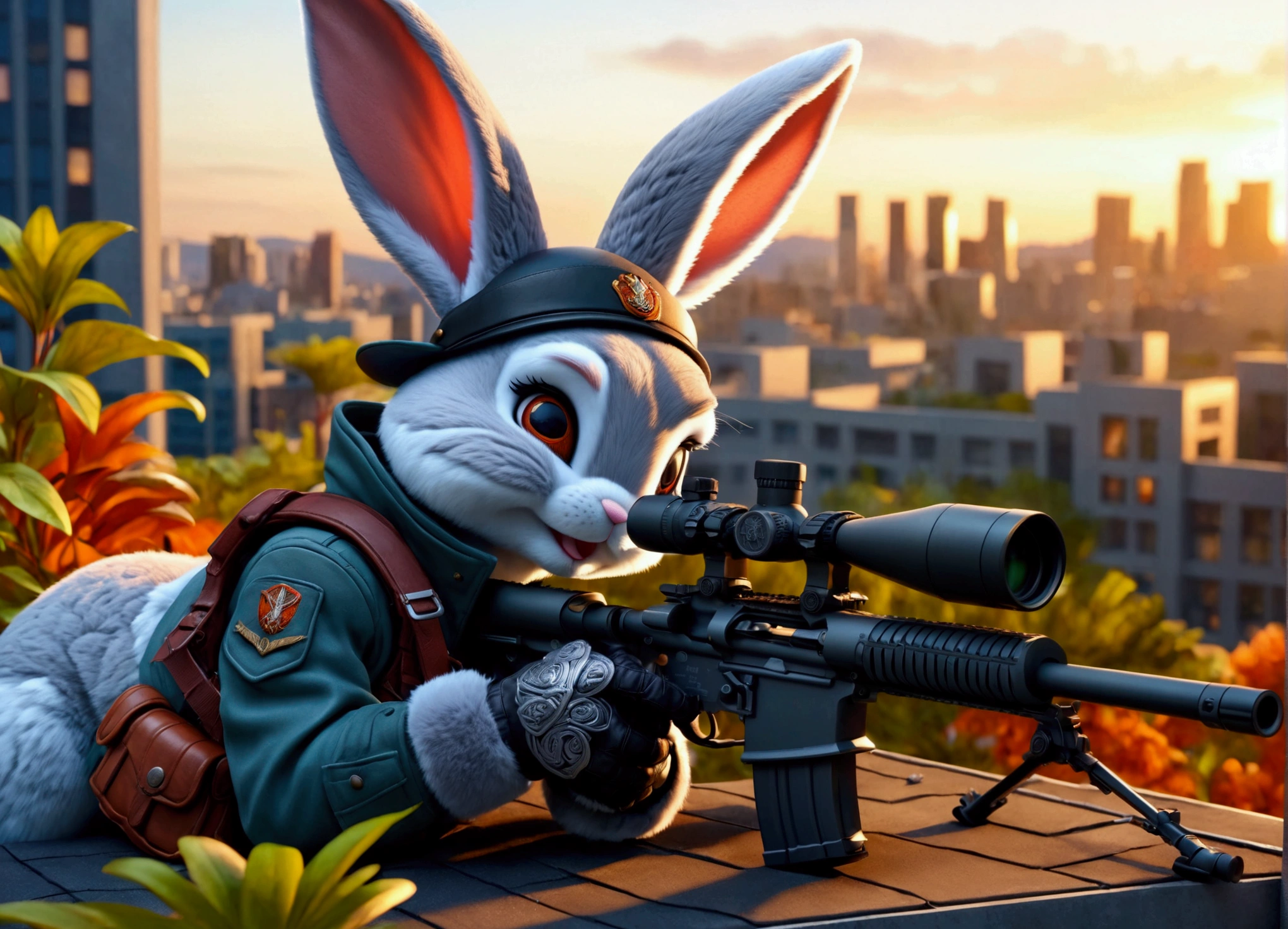 (Close-up of anthropomorphic bunny lying on roof and aiming with elite sniper rifle:1.3), (stylish high-neck military jacket:1.1), (leather gloves:1.1), (cap with draconic logo:1.2), (background is modern urban area with vegetation at twilight:1.1), (architecture with intricate design:1.1), bright colors, masterpiece in maximum 16K resolution, best quality, ultra detailed, aesthetics, absurdes.