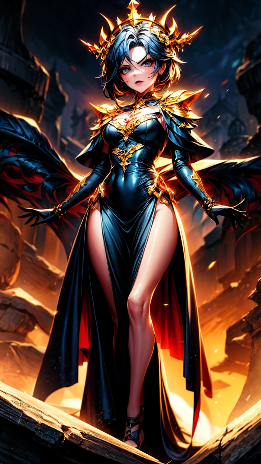 Generate an image of a woman with short black hair with blue highlights, sky-blue eyes with black makeup, and lips painted in soft red. She is wearing a black half-armor on the upper part and a black dress with a side slit at the lower part of her body. Her skin is fair with tattoos on her hip. She wears black heels with scales and a crown of black and blue spikes with golden details. Additionally, she wears a blue cape with black and golden embroidery. She is located in a gallery with tall black columns and a dark background, brightly illuminated, with a somewhat angry expression. sexy