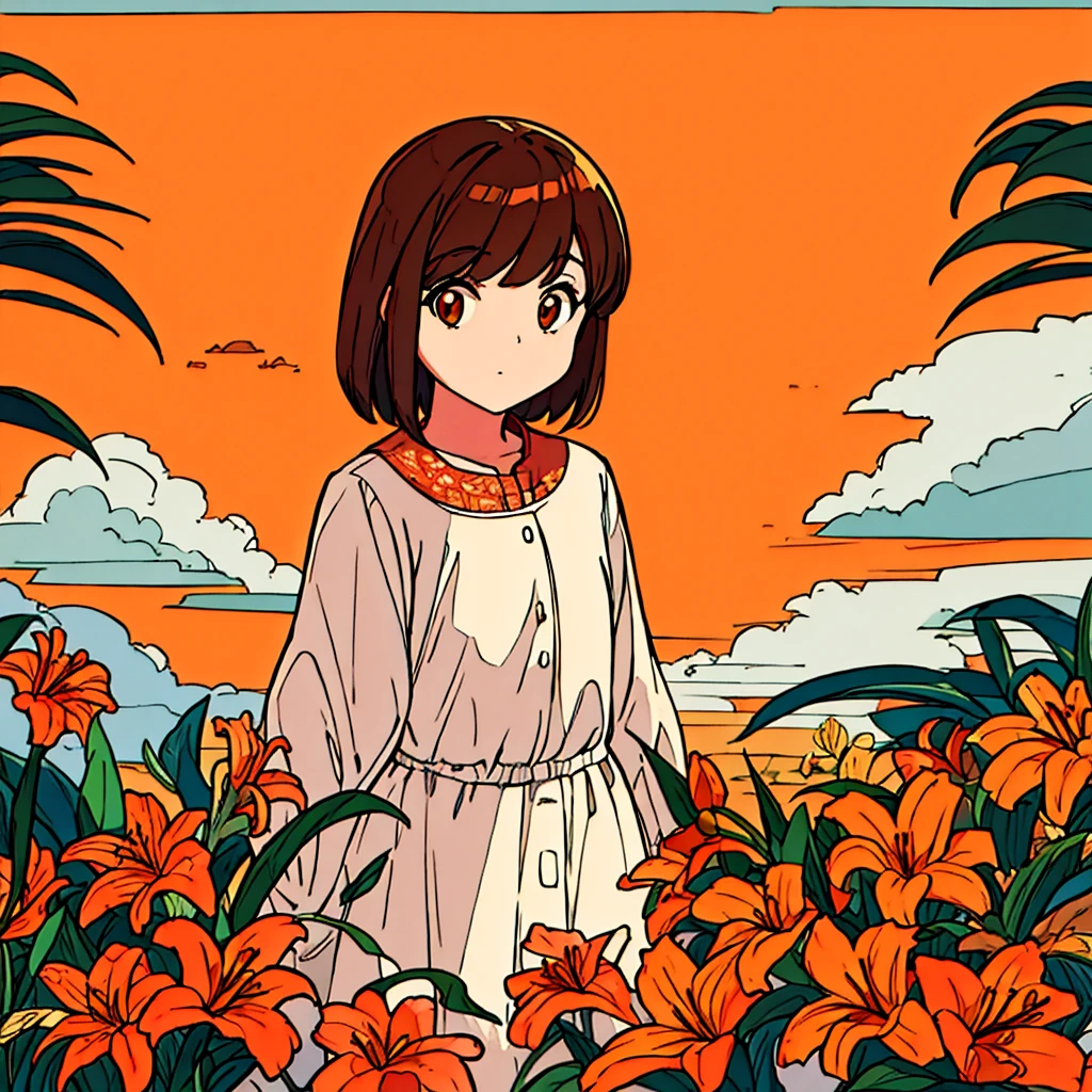 Orange plain background, lily flower, woman in white dress, brown hair, summer, nostalgic, simple