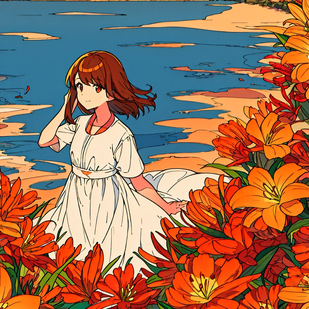 Orange plain background, lily flower, woman in white dress, brown hair, summer, nostalgic, simple