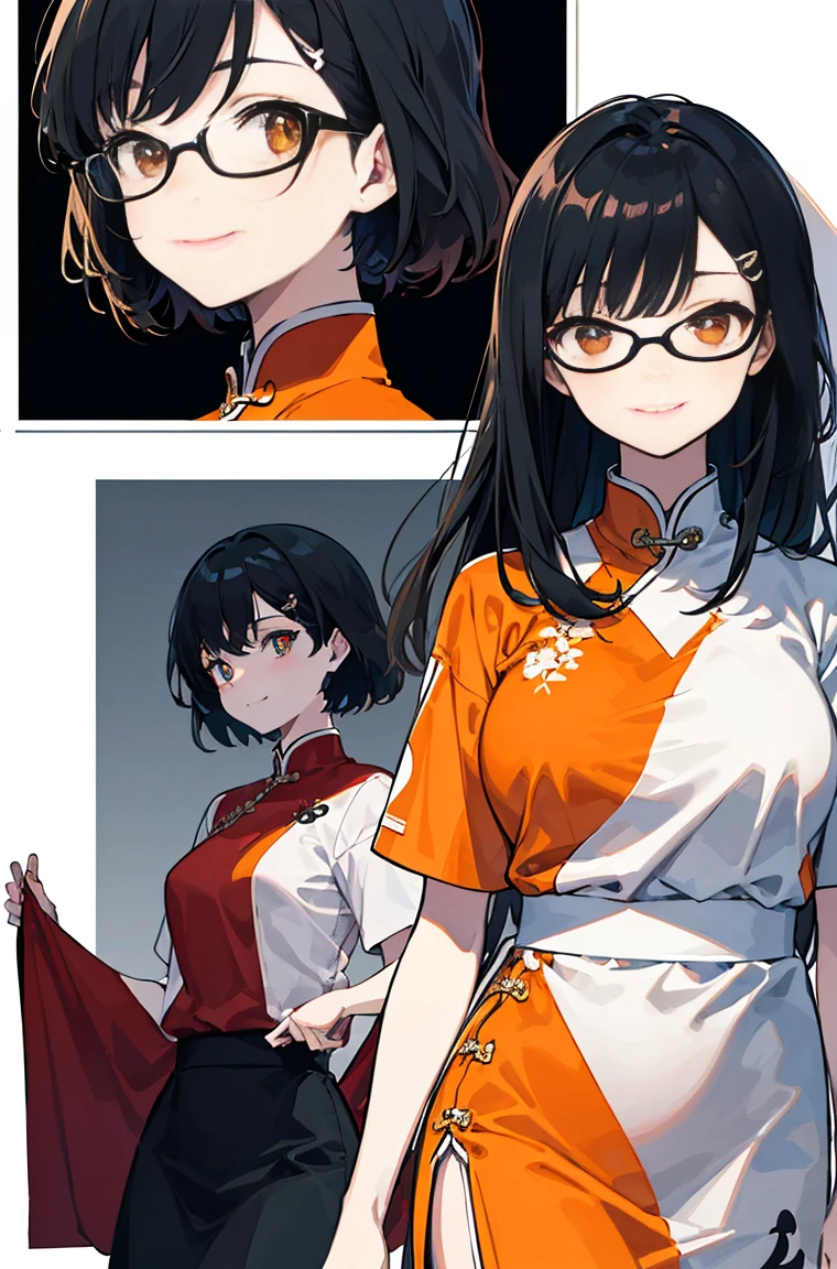 White background，bust，woman，Highlights，Smirk，A masterpiece，Black hair ，Messy hair，Side face，Messy hair，Smile slyly，Orange pupil，Font，poster，jump，，Hair Bunch，Black shallow frame glasses，Dress fashionably，Standing picture，laid back，best quality, Illustration style，Large aperture portrait， Anime Girl, beautiful eyes, summer,, small, Heartwarming, Youthful and beautiful,,Regular Clothes，Black and white,, showing a natural casual style. Dynamic posture contains the golden ratio, China, White space, Strong contrast between light and shadow, Super texture, Super clear and concise pictures, presenting extremely beautiful,subtle facial expressions