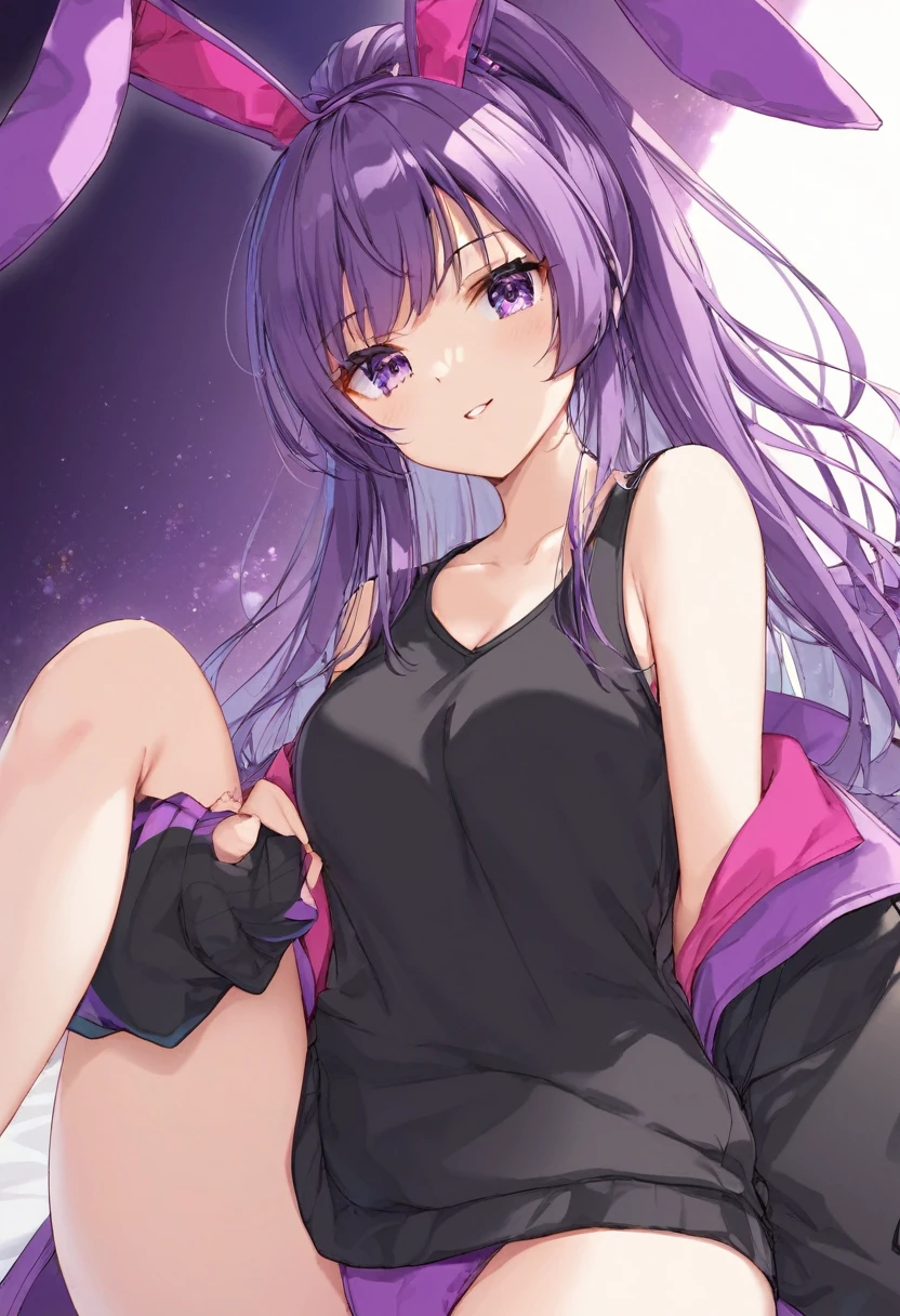 anime girl in black sweatshirt with short purple hair, with big purple bunny ears and purple eyes